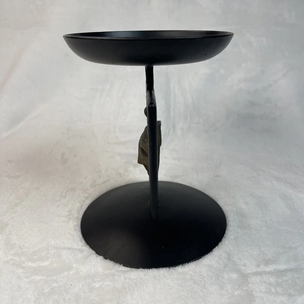 Black Metal Candle Holder Trinket Dish with Brass African Mask 6